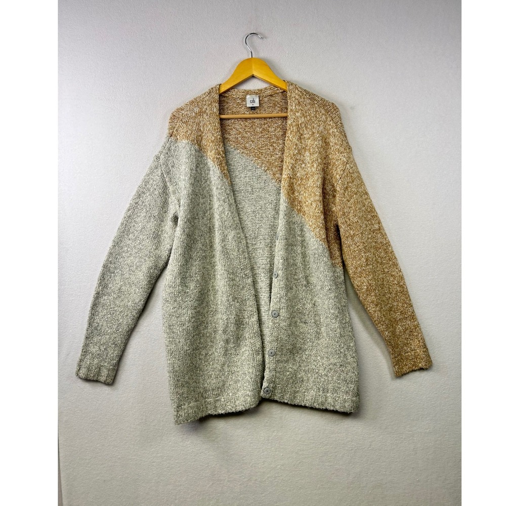 Cabi Colorblock Knit Cardigan Sweater Womens Medium Beige Tan Gray Open Front